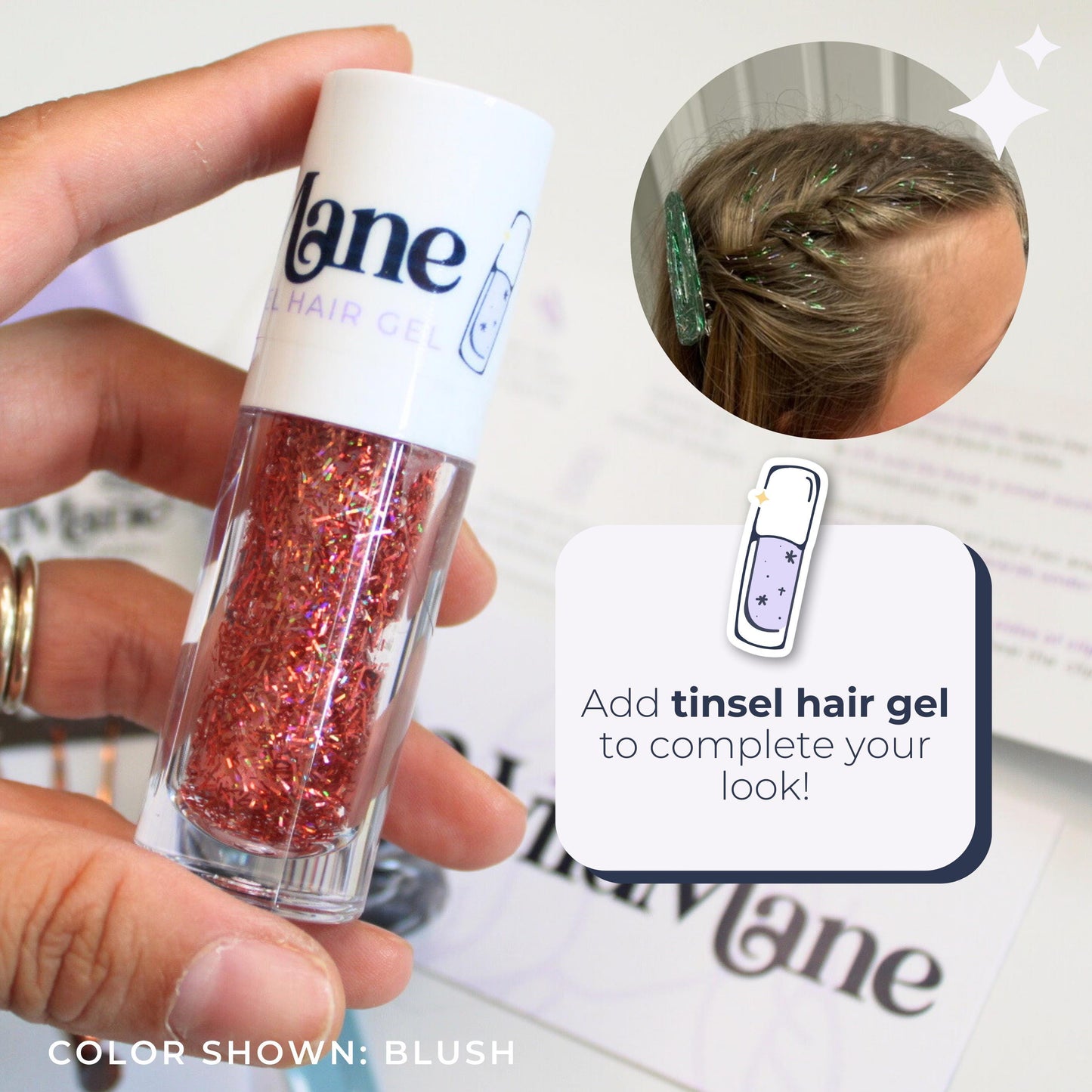 Blush color tinsel hair gel add on perfect for gifting. Hair accessories for short hair. Hair accessories for festivals and long hair. Hair accessories for short hair. Hair accessories for updos.