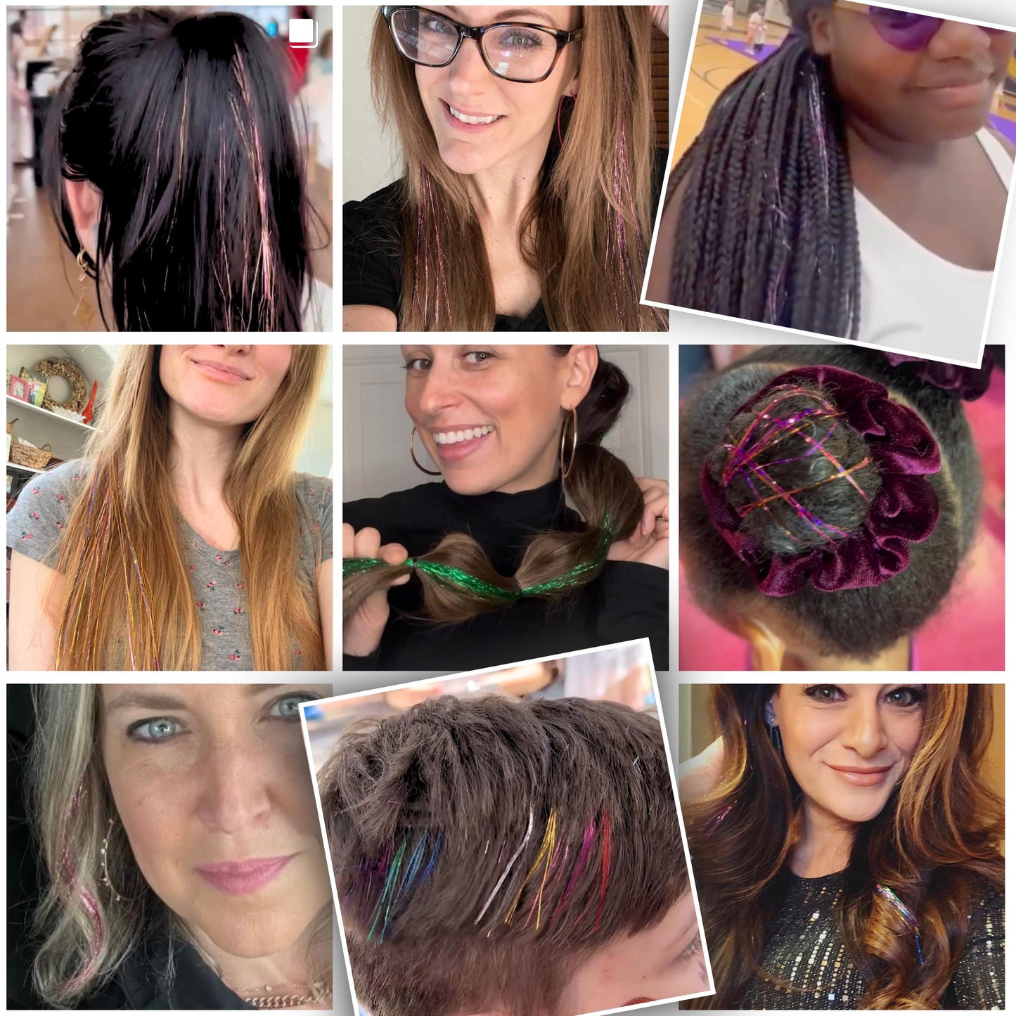 Photos showing different hair style with WildMane tinsel hair clips. Perfect for all hair colors and textures. Tinsel hair for curly hair. Tinsel for straight hair. Tinsel for long hair. Tinsel for short hair.Tinsel for blondes. Tinsel for brunette