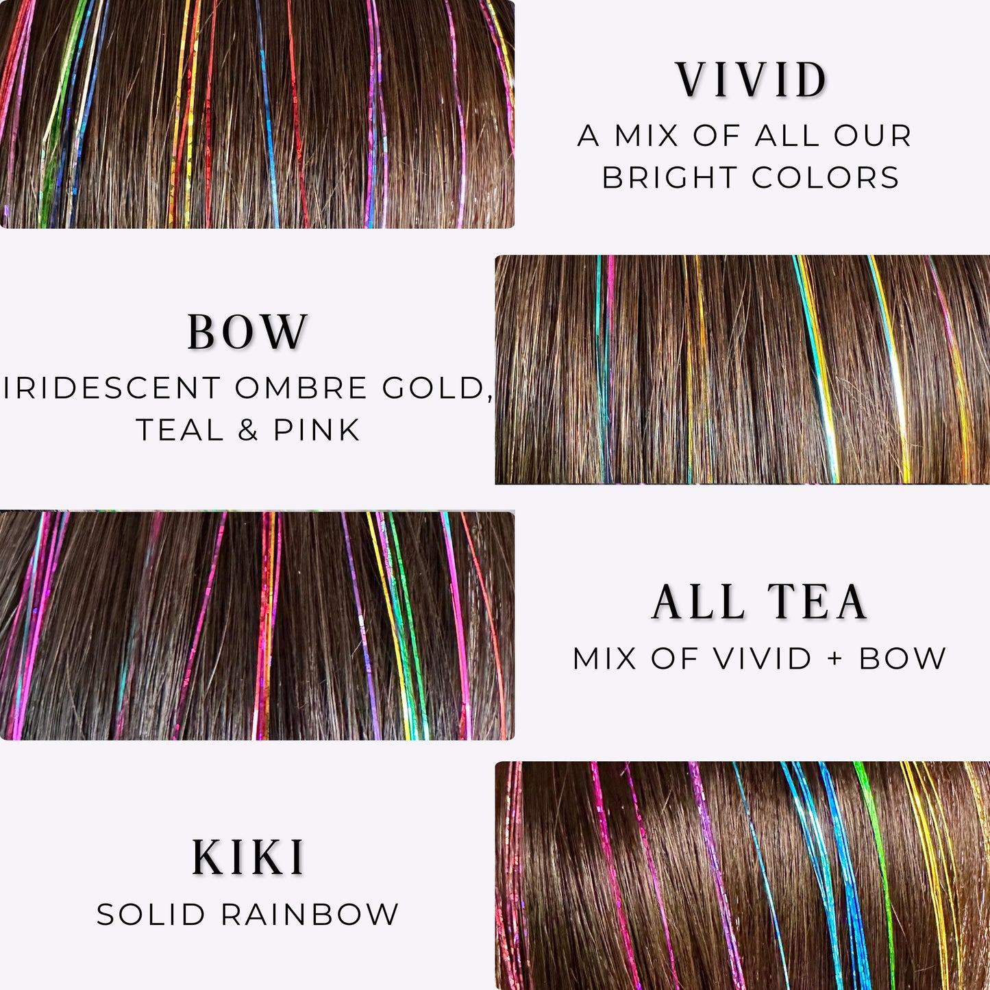 WildMane Rainbow colors shown on brown hair. Rainbow colors are perfect for unicorn party, kids party, pride, lgbtq, lgbtqia+, queer, drag tinsel hair accessories.