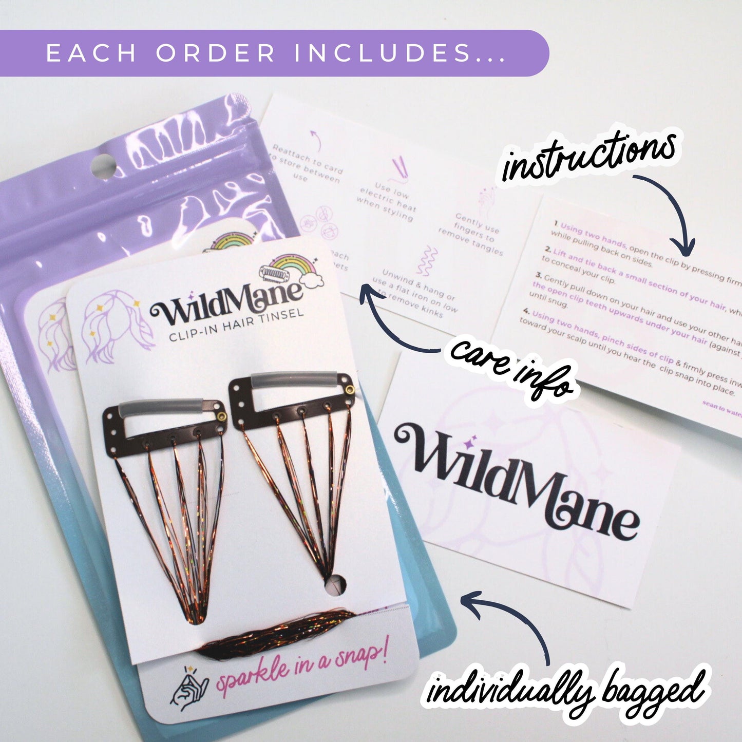 WildMane packaged tinsel hair clips showing in black and orange halloween colors and shows business card, care information card, how to use instructions and individually packaged product. Showing customers ready to gift products for kids, teens.