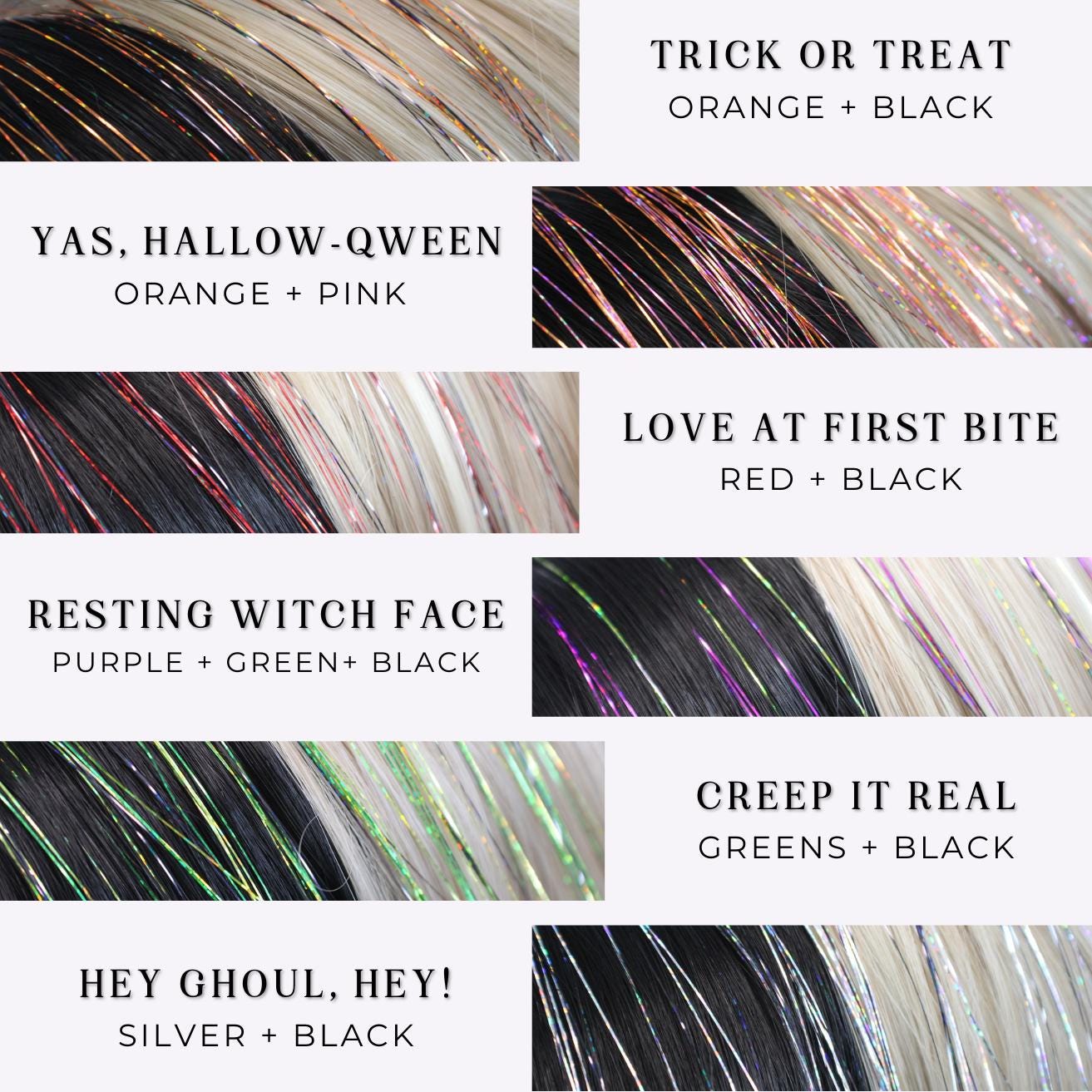 WildMane Halloween colors shown on black and blonde hair. Colors include red vampire green monster purple and green witch silver and black ghost pink and orange trendy halloween and black and orange trick or treat tinsel hair accessories.