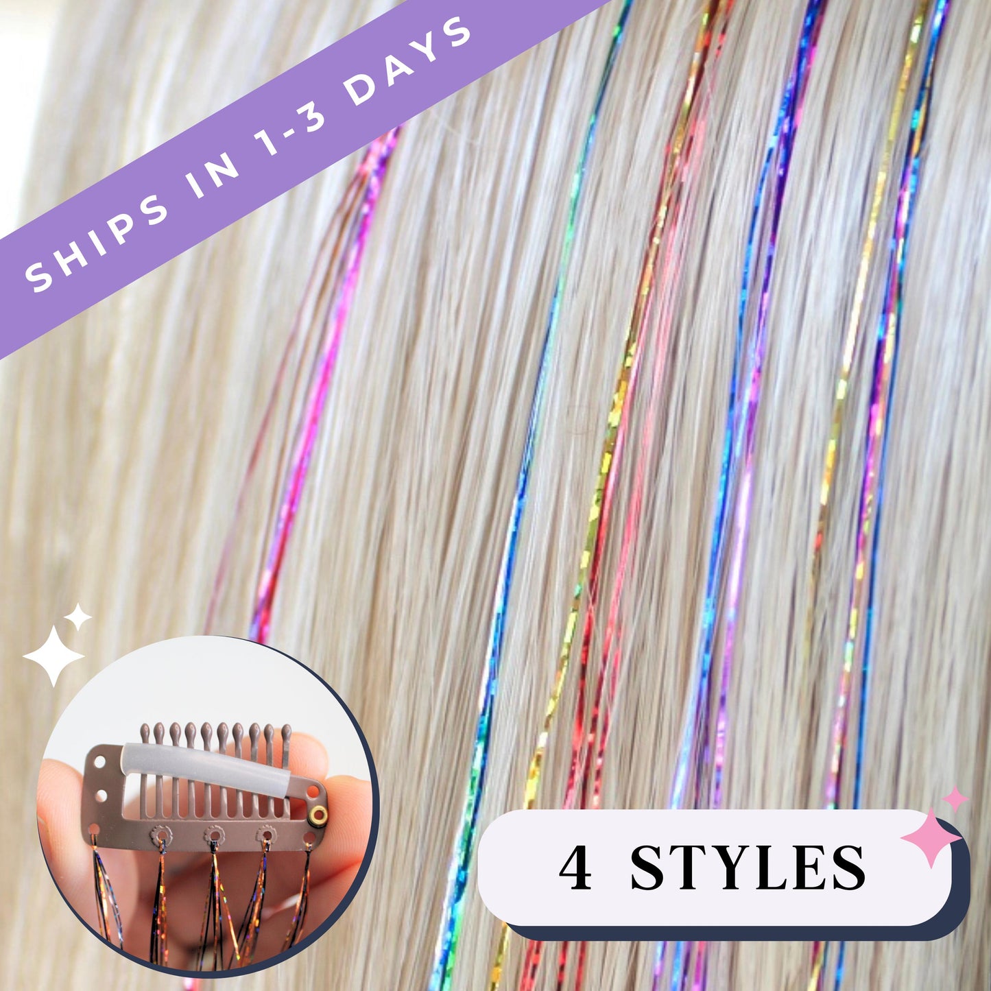 Halloween color clip in tinsel hair shown on blonde hair. reusable and easy to use fairy hair clip in accessories for kids.