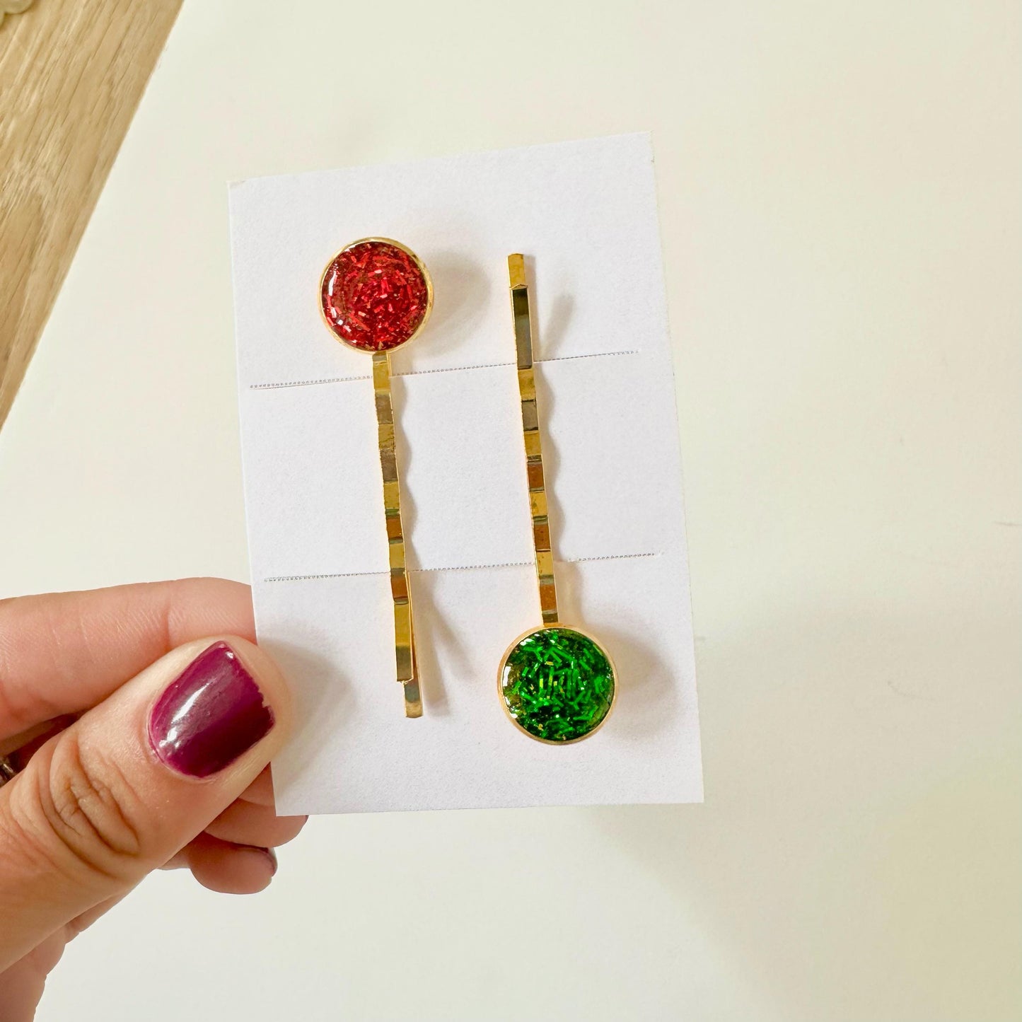 Holiday Bobby Pin Fancy Hair Clips for Kids Set of Two Glittery Red and Green Christmas Stocking Stuffer Tinsel Hair Gift Ideas for Girls