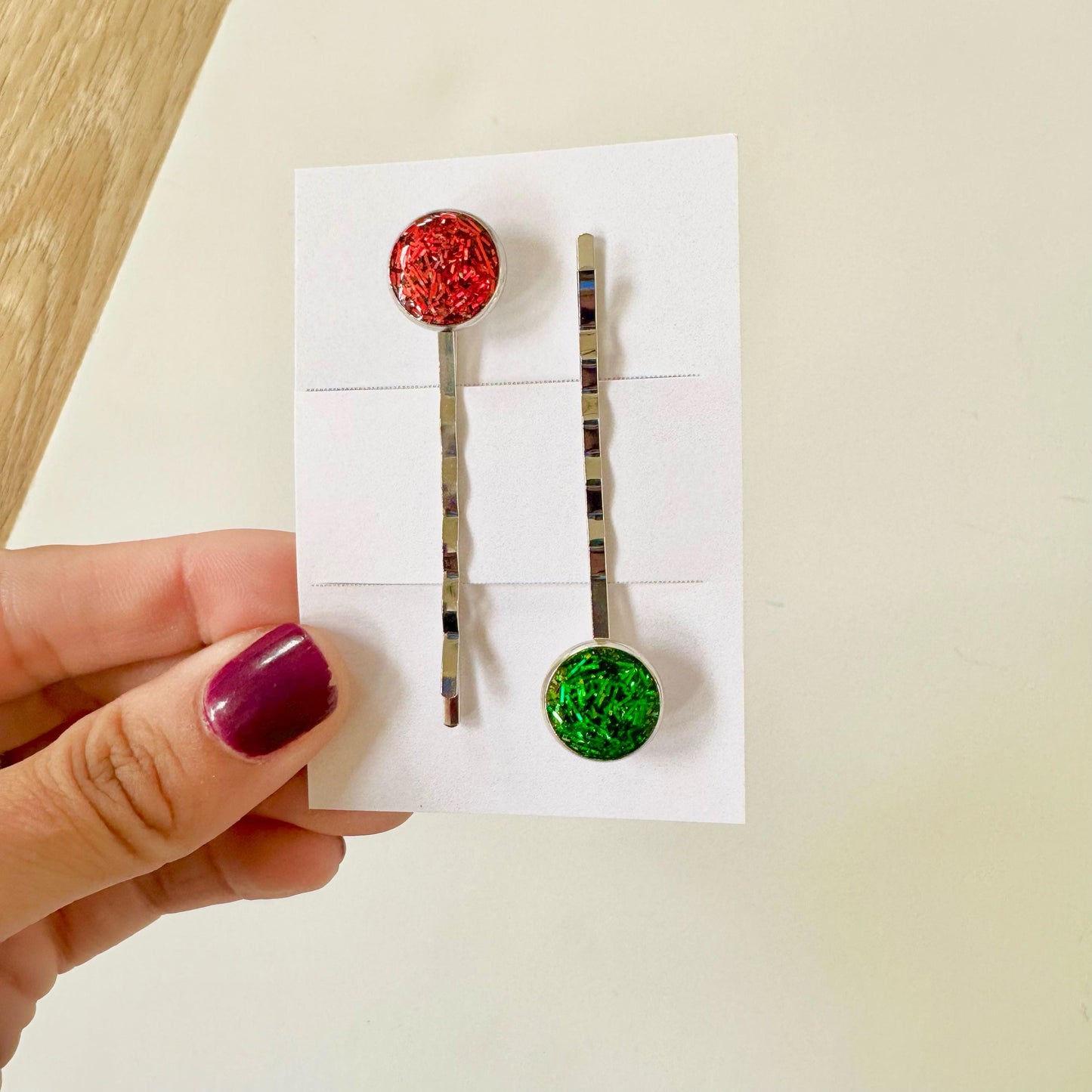 Holiday Bobby Pin Fancy Hair Clips for Kids Set of Two Glittery Red and Green Christmas Stocking Stuffer Tinsel Hair Gift Ideas for Girls