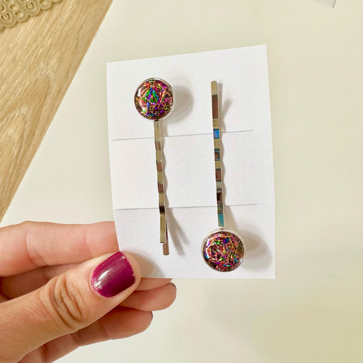 Custom Rainbow Bobby Pin Sparkly Hair Clips for Girls Set of Two Glittery Gift Ideas for Kids Tinsel Hair Accessories for Teens and Women