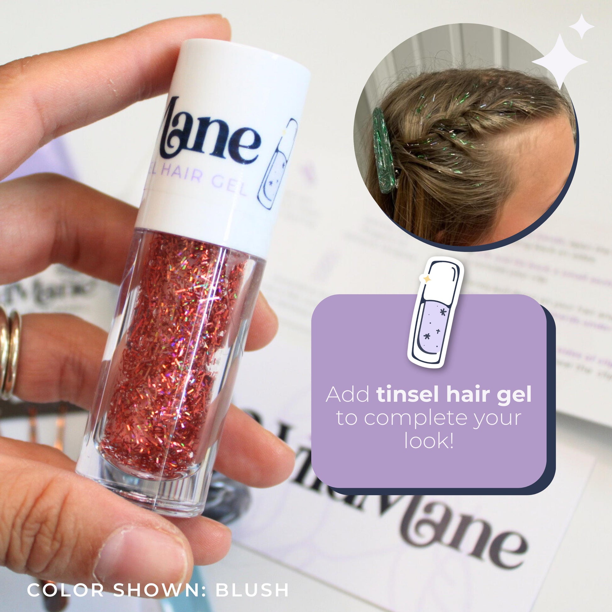 Blush color tinsel hair gel add on perfect for gifting.  Hair accessories for short hair.  Hair accessories for festivals and long hair. Hair accessories for short hair. Hair accessories for updos.