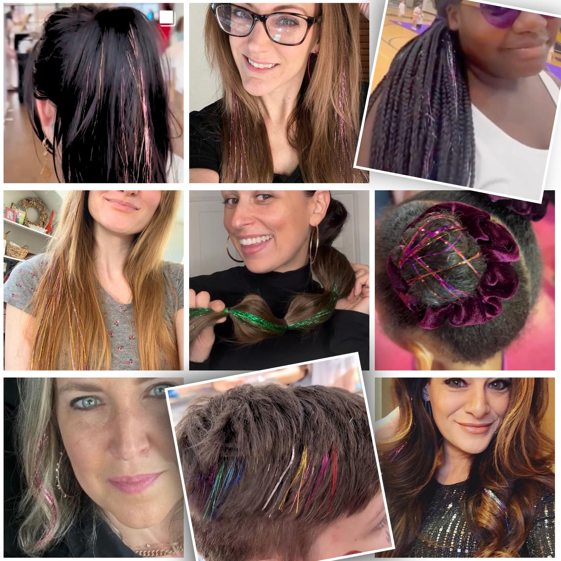 Photos showing different hair style with WildMane tinsel hair clips.  Perfect for all hair colors and textures.  Tinsel hair for curly hair. Tinsel for straight hair. Tinsel for long hair. Tinsel for short hair.Tinsel for blondes. Tinsel for brunette
