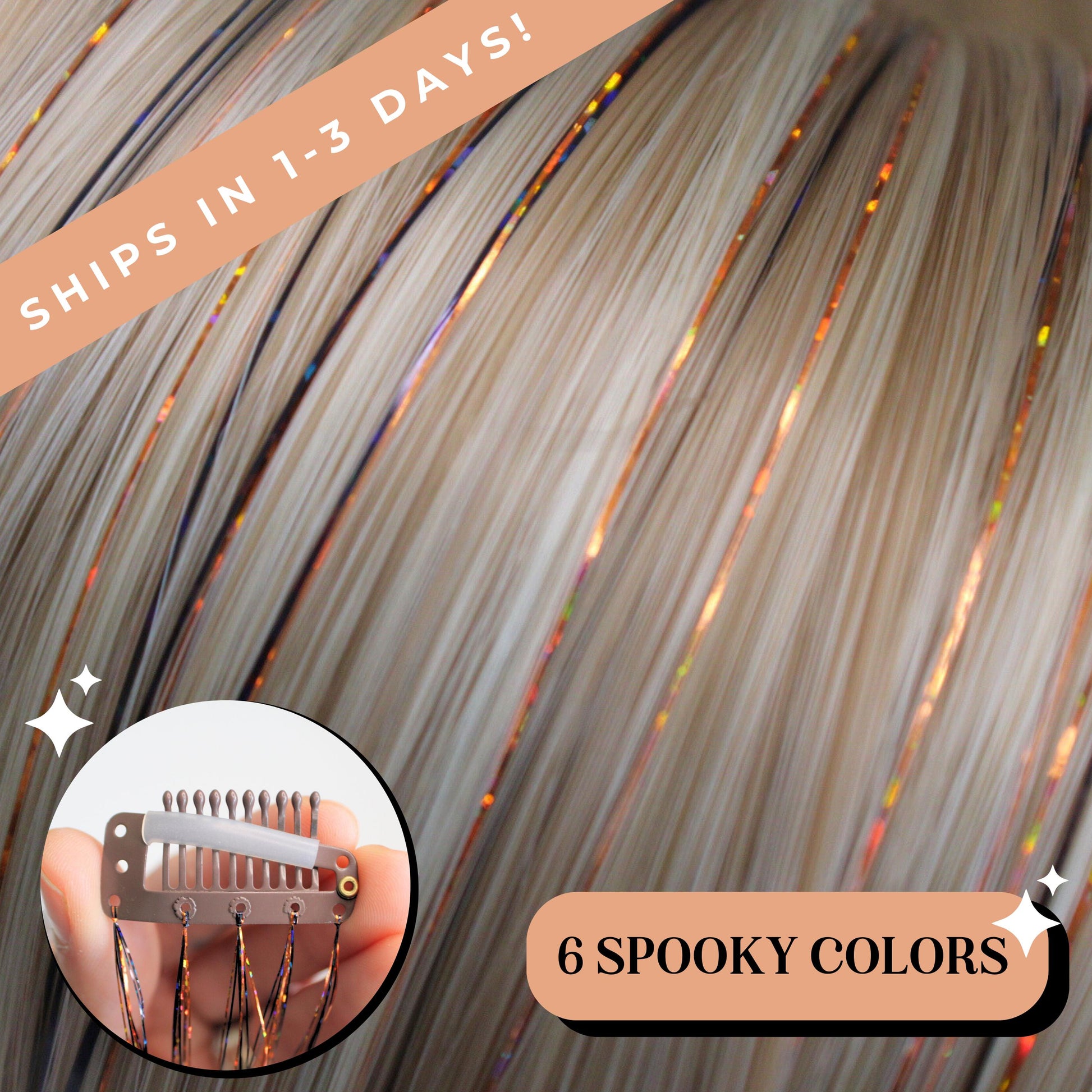 Halloween color clip in tinsel hair shown on blonde hair.  reusable and easy to use fairy hair clip in accessories for kids.