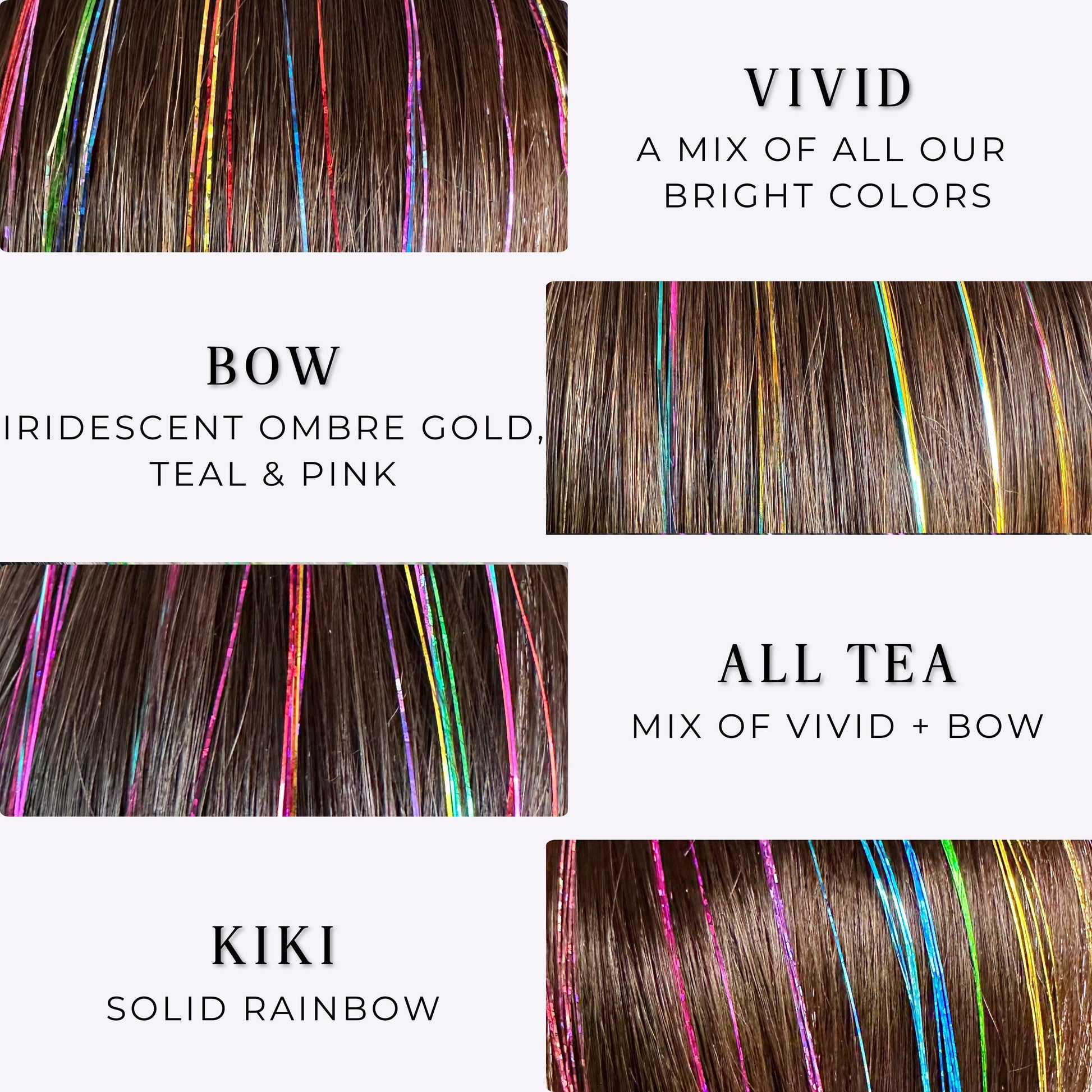 WildMane Rainbow colors shown on brown hair.  Rainbow colors are perfect for unicorn party, kids party, pride, lgbtq, lgbtqia+, queer, drag tinsel hair accessories.
