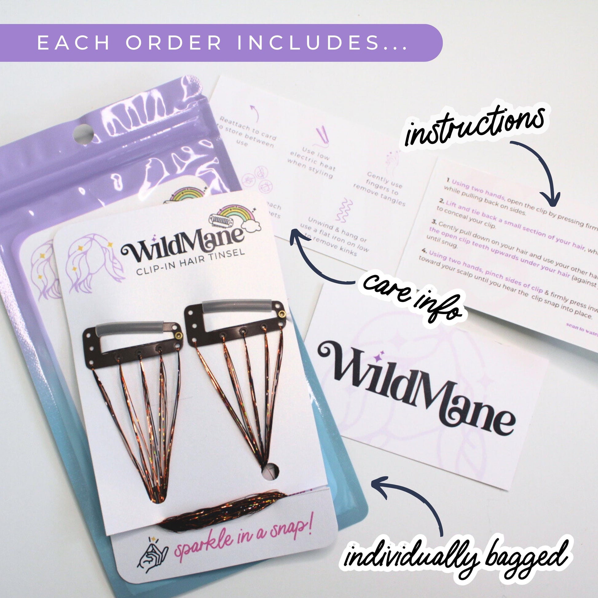 WildMane packaged tinsel hair clips showing in black and orange halloween colors and shows business card, care information card, how to use instructions and individually packaged product.  Showing customers ready to gift products for kids, teens.