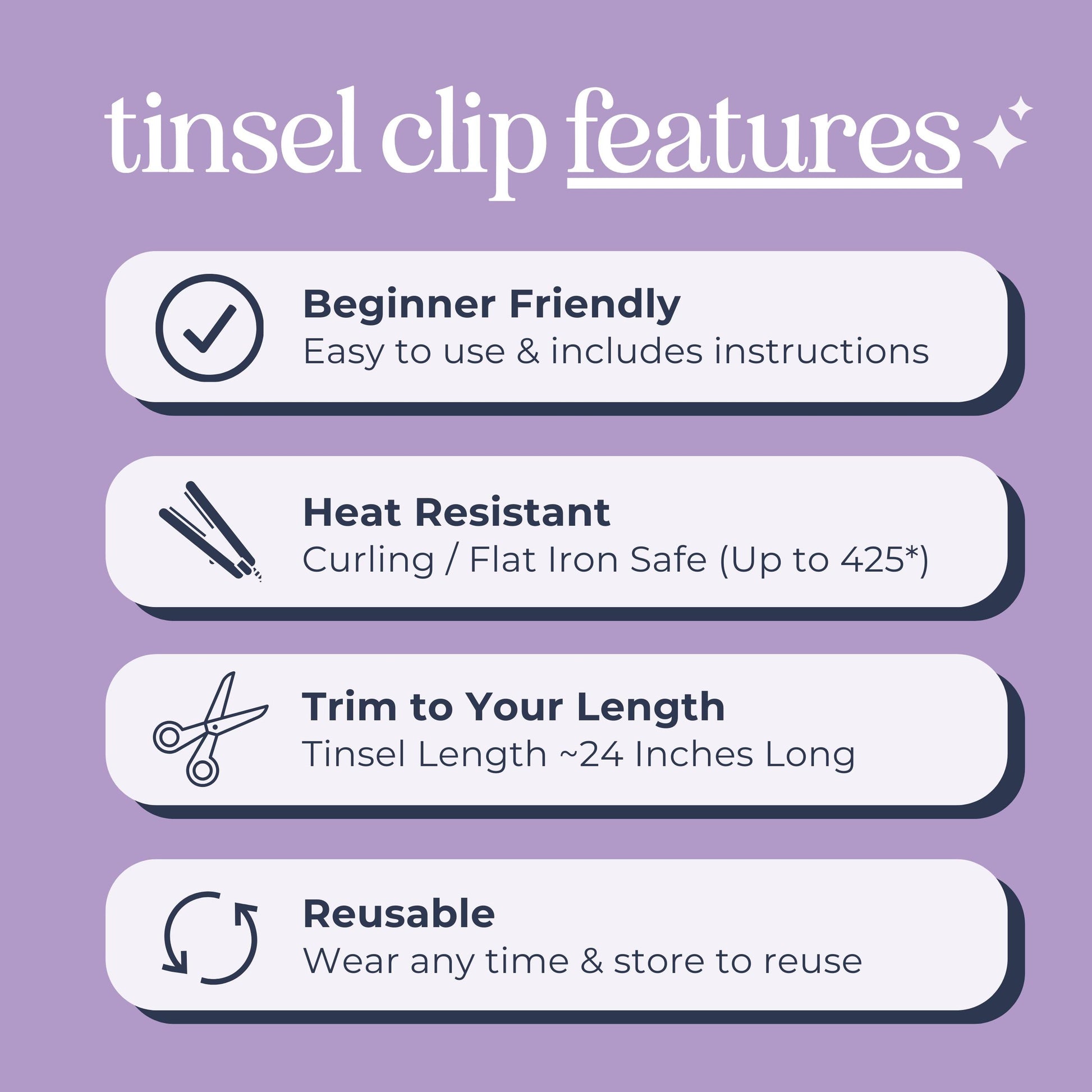 WildMane tinsel features. WildMane clips are beginner friendly, heat resistant, 24 inches and available to trim to your own length and reusable when stored properly.  Tinsel hair clips are perfect gifts for teens, kids and adults.
