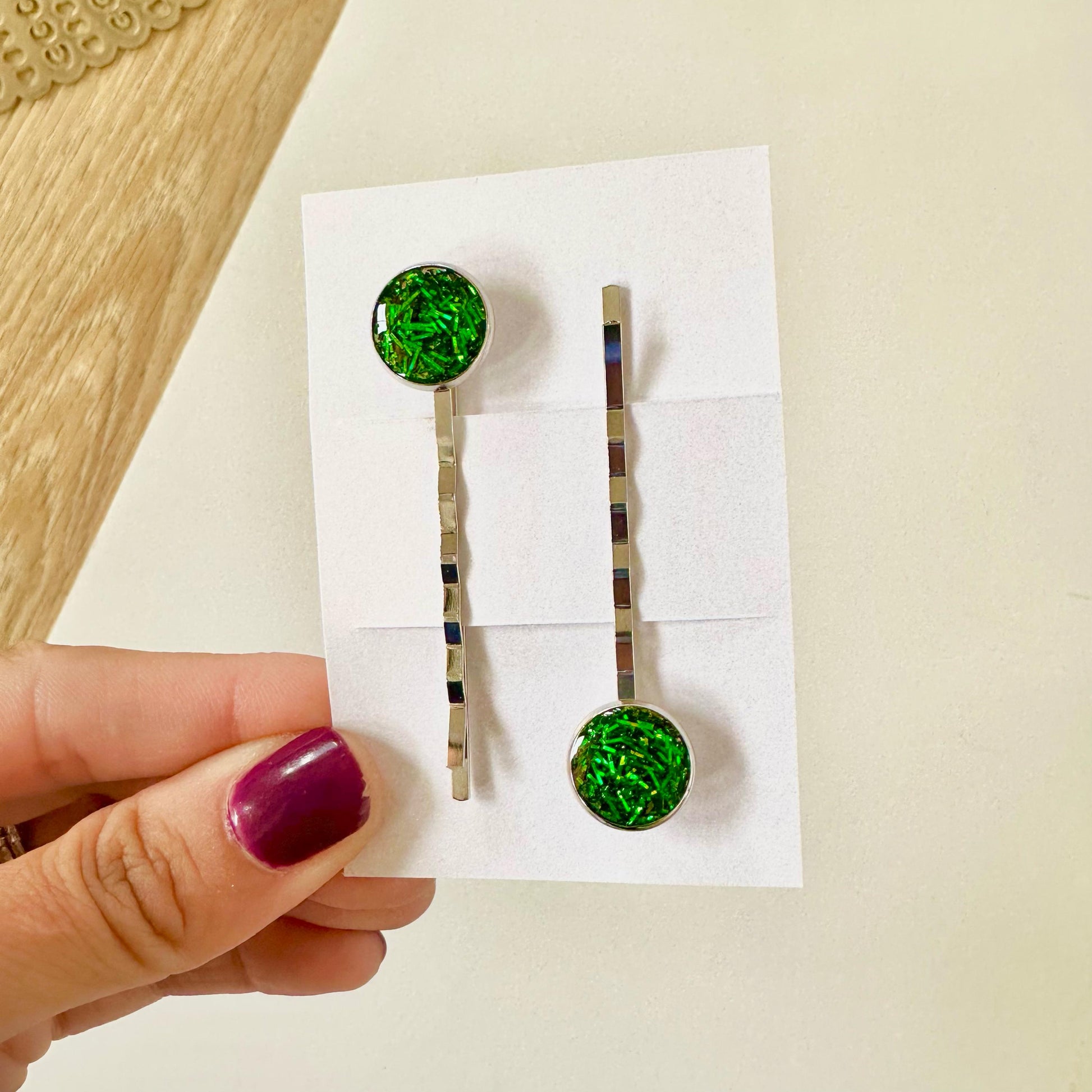 Set of Two Glittery Green Christmas Stocking Stuffer Tinsel Hair Gift Ideas for Girls