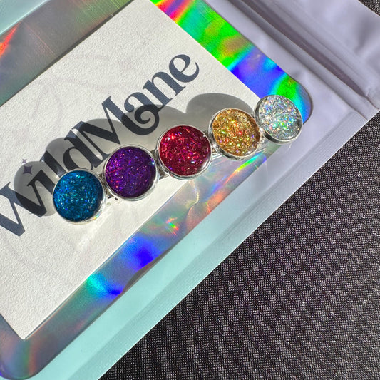 Custom Barrette for Women and Girls Rainbow Hair Clip Gift Idea for Teens Sparkly Handmade Silver Holiday Accessories for Long Hair