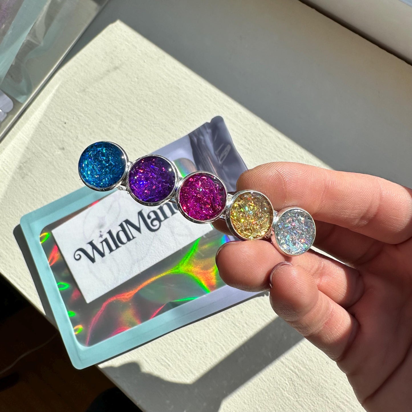Custom Barrette for Women and Girls Rainbow Hair Clip Gift Idea for Teens Sparkly Handmade Silver Holiday Accessories for Long Hair