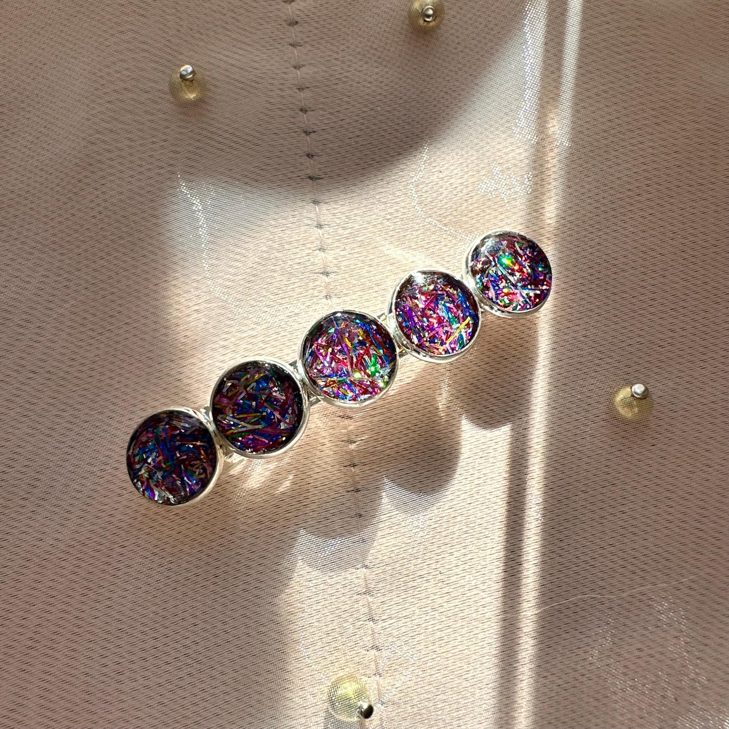 Custom Barrette for Women and Girls Rainbow Hair Clip Gift Idea for Teens Sparkly Handmade Silver Holiday Accessories for Long Hair