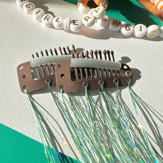 Showgirl Mint Clip In Hair Tinsel Extensions